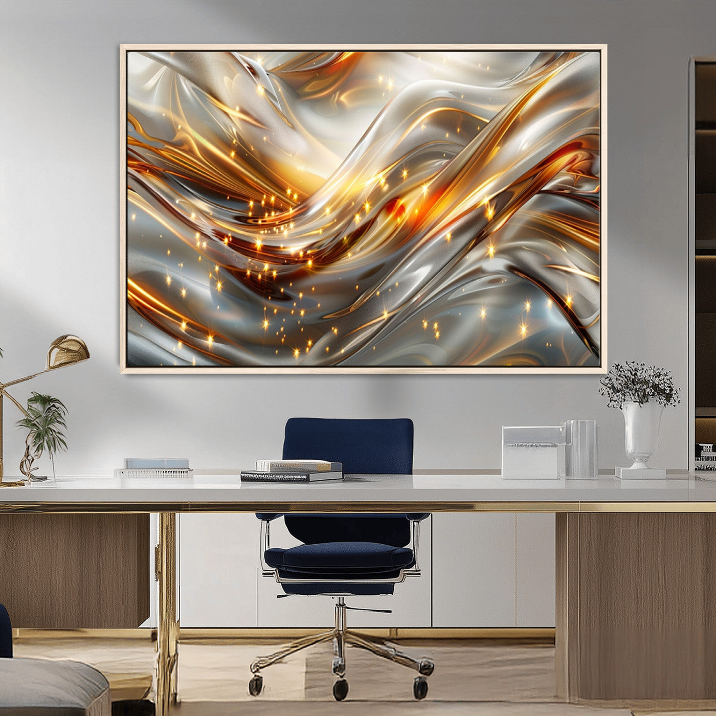 Lines1-MGV-CV-36X24-Abstract Metallic Wall Art – Silver and Gold Wave Canvas Print with Sparkling Accents, Modern Luxury Decor for Living Room, Office