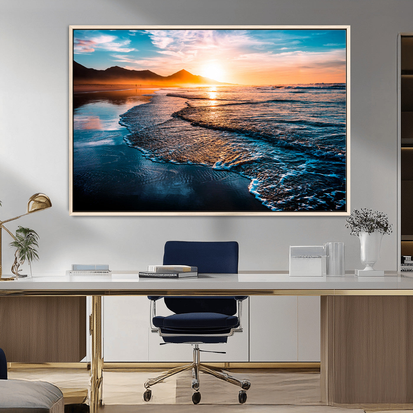 26494-MGV-CV-36X24-Ocean Sunset Wall Art – Scenic Beach Canvas Print with Waves and Mountains, Coastal Seascape Photography for Living Room, Bedroom