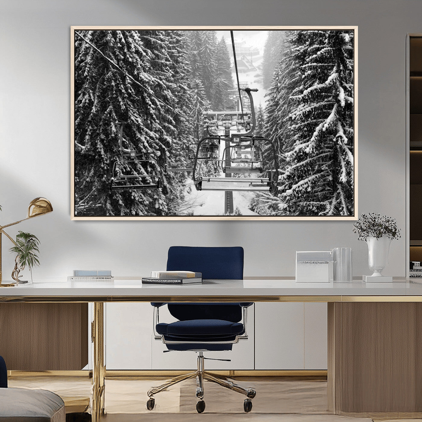 19240-MGV-FC-36X24_Natural-Ski Lift Wall Art – Black and White Winter Mountain Canvas Print, Snowy Forest Ski Resort Photography for Cabin, Lodge, Office or