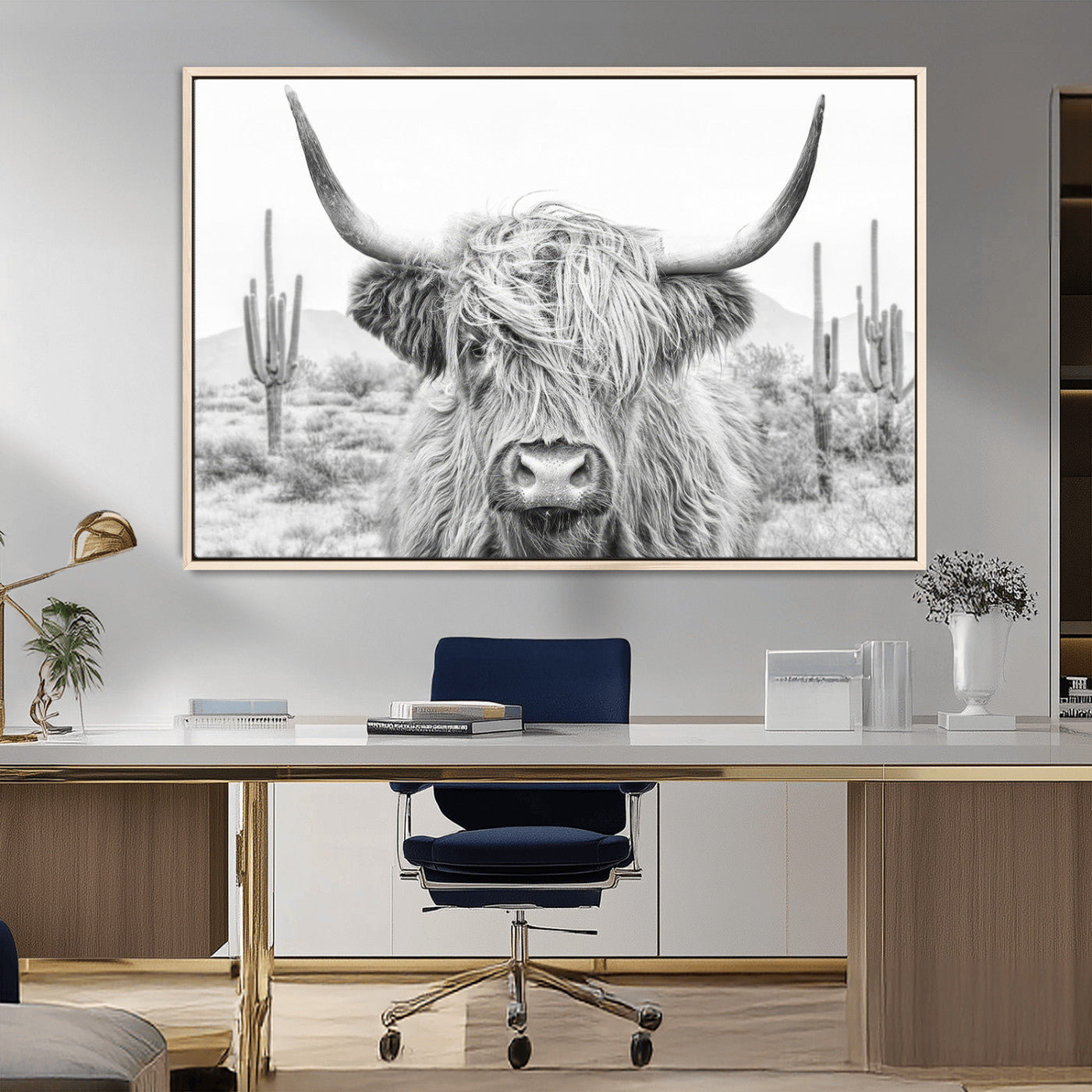 94579-MGV-FC-36X24_Natural-Highland Cow Wall Art – Black and White Longhorn Canvas Print, Rustic Western Farmhouse Animal Photography for Living Room,
