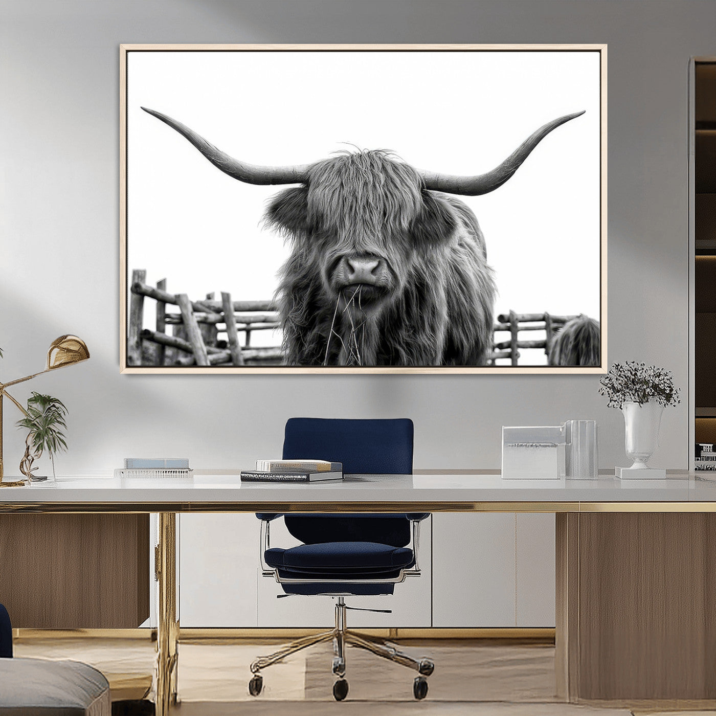 58188-MGV-FC-36X24_Natural-Highland Cow Wall Art – Black and White Rustic Farmhouse Canvas Print, Longhorn Cattle Photography Decor for Living Room or