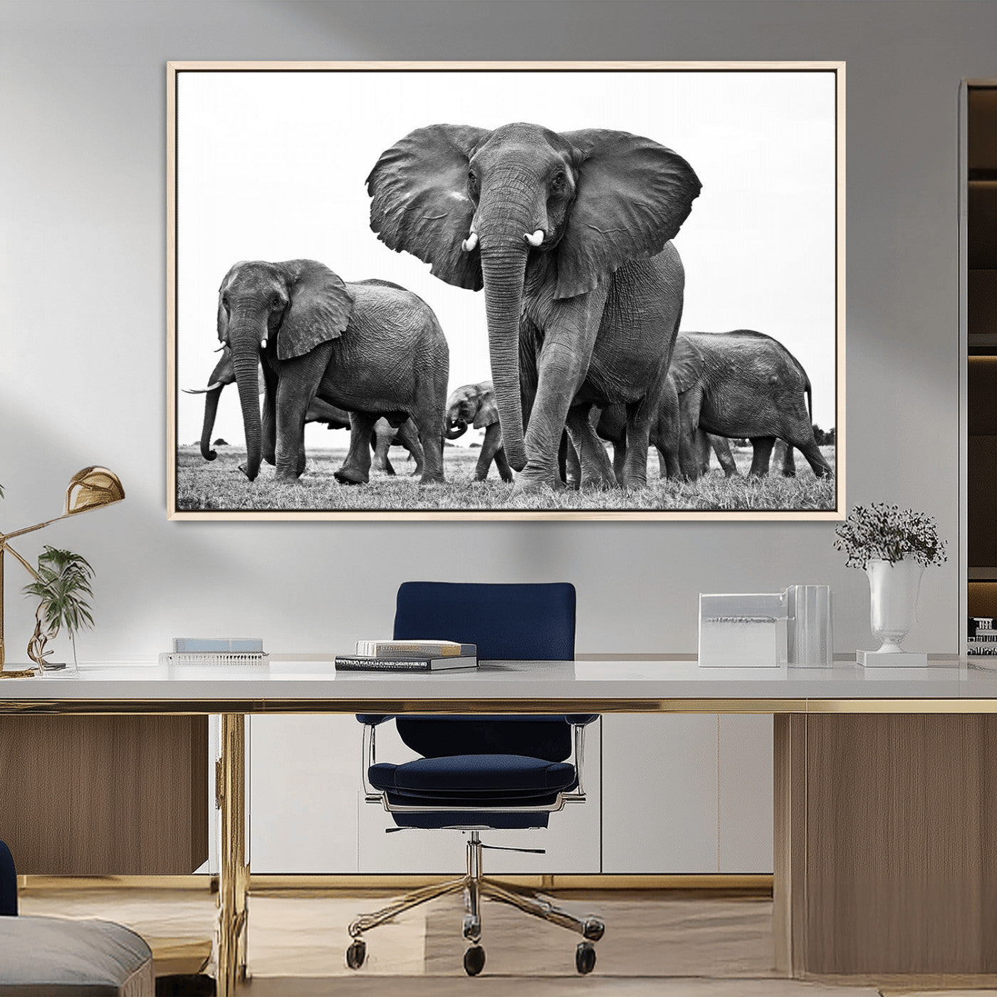 91685-MGV-FC-36X24_Natural-Elephant Herd Wall Art – Black and White Safari Canvas Print, African Wildlife Photography Decor for Living Room, Office or