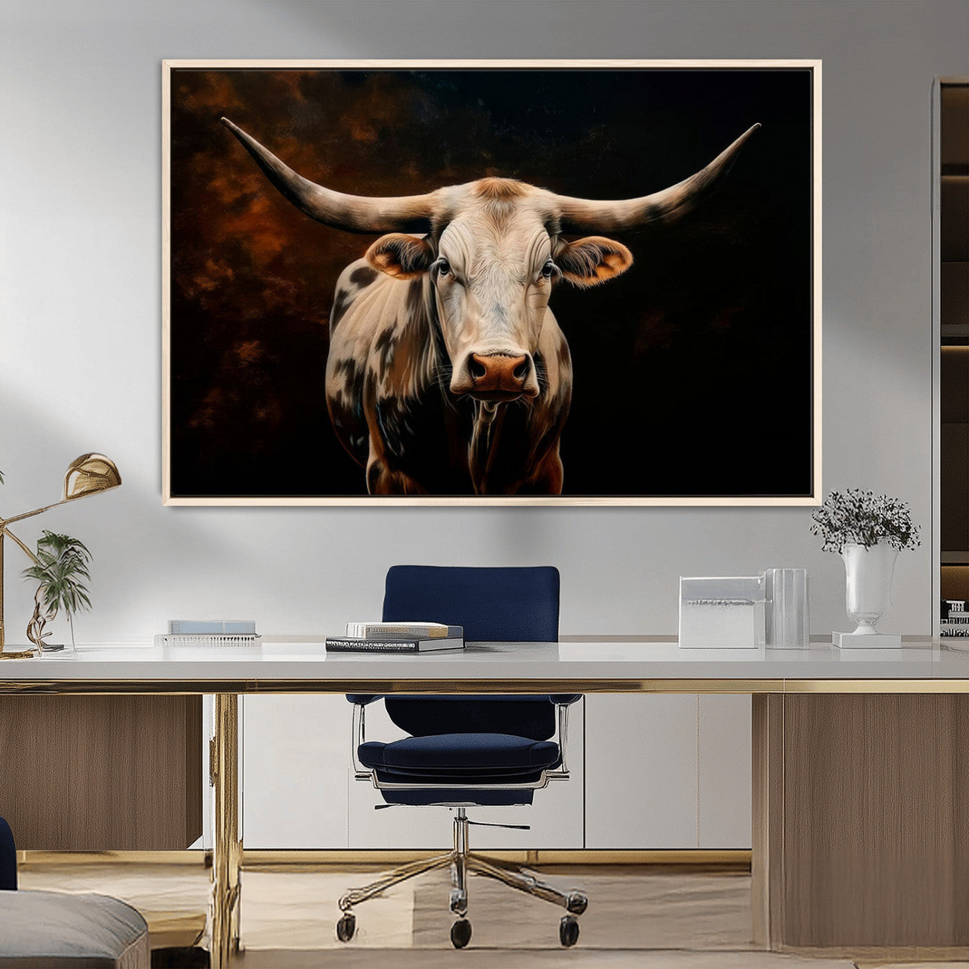 70522-MGV-CV-36X24-Longhorn Bull Wall Art – Striking Canvas Print of Majestic Bull, Premium Animal Decor for Home, Office, Man Cave, or Living Room
