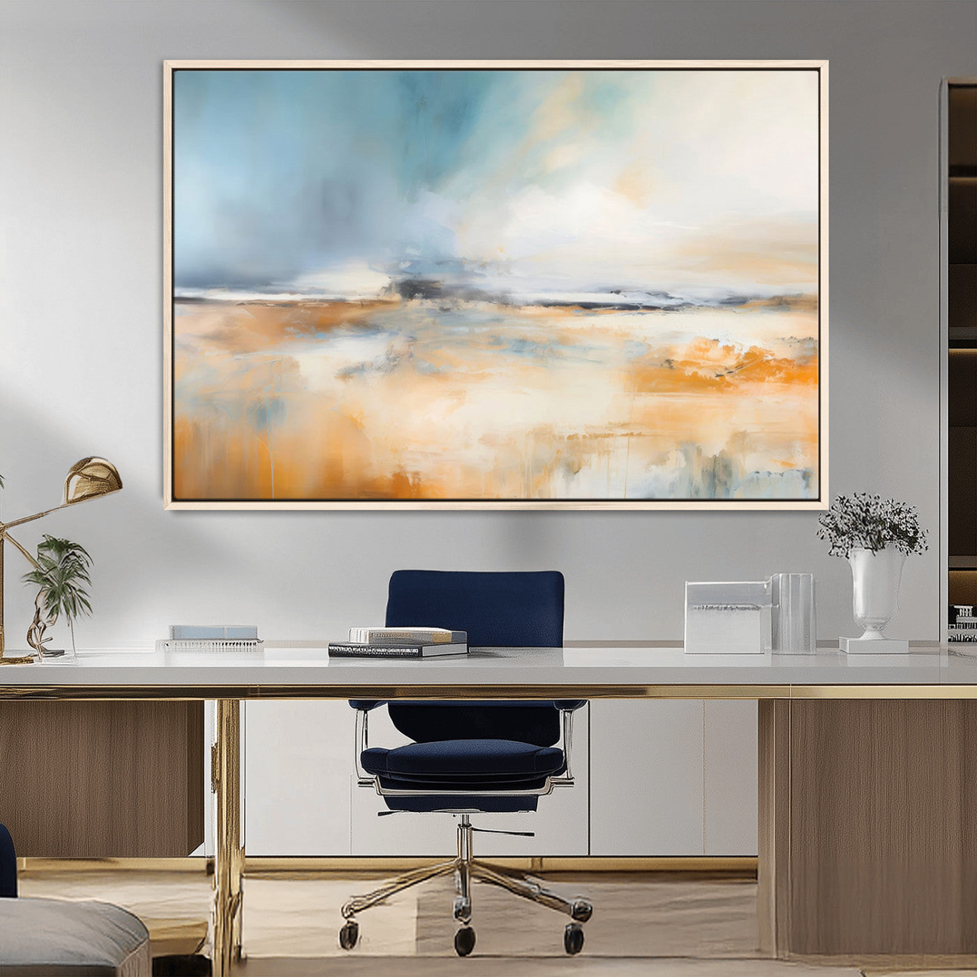 92764-MGV-FC-36X24_Natural-Abstract Landscape Wall Art – Modern Blue and Orange Canvas Print, Large Minimalist Painting for Living Room, Bedroom, Office or