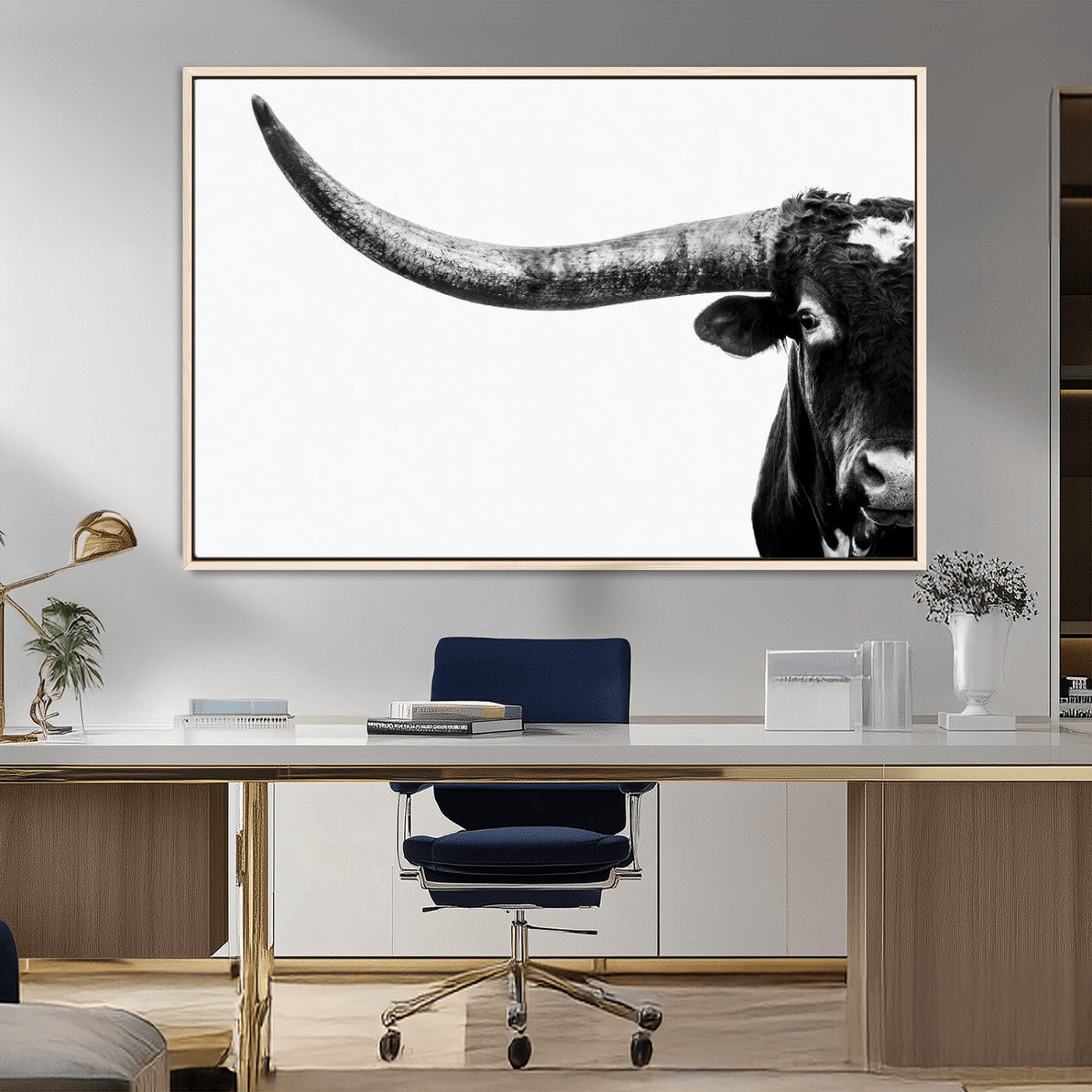 31699-MGV-CV-36X24-Longhorn Wall Art – Black and White Texas Longhorn Cow Canvas Print, Rustic Western Farmhouse Artwork for Living Room, Bedroom or