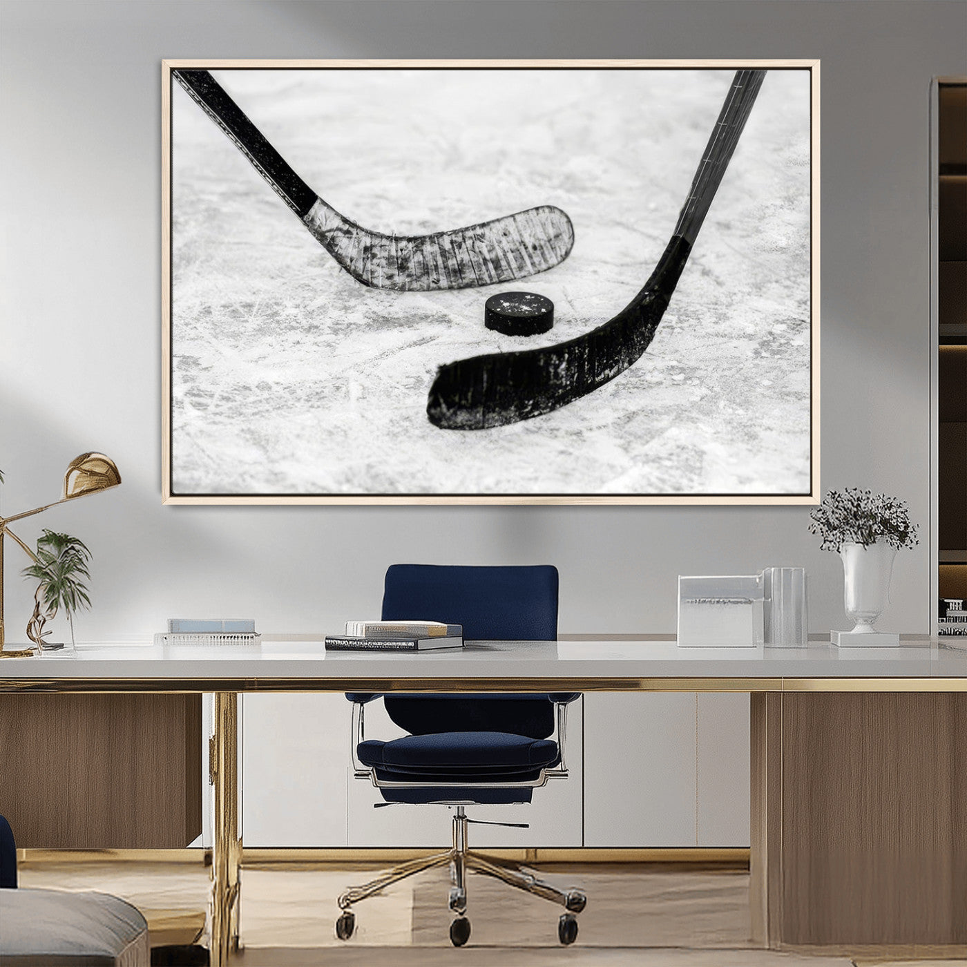 82900-MGV-CV-36X24-Hockey Wall Art – Black and White Canvas Print Ice Rink Sticks Puck Sports Photography, Modern Decor for Game Room, Man Cave,