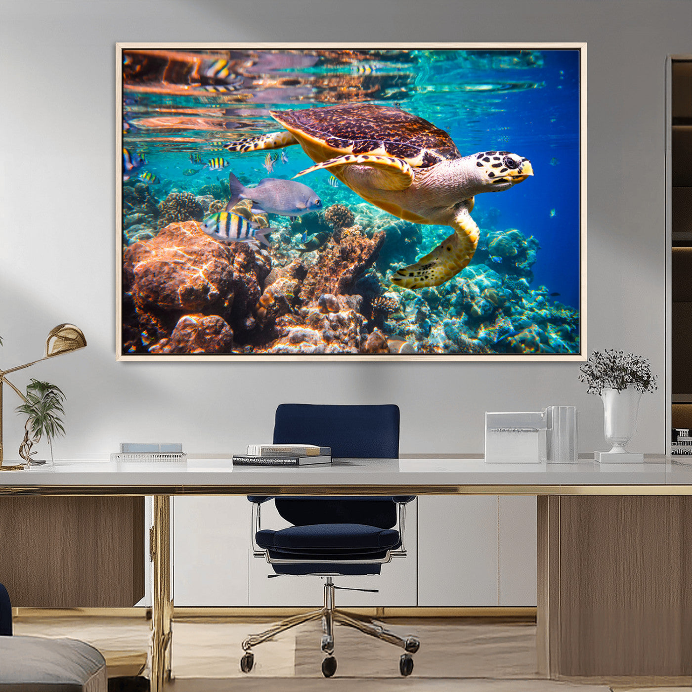 66614-MGV-CV-36X24-Sea Turtle Wall Art – Hawksbill Turtle Swimming Over Coral Reef Canvas Print, Ocean Marine Life Decor for Beach House, Coastal