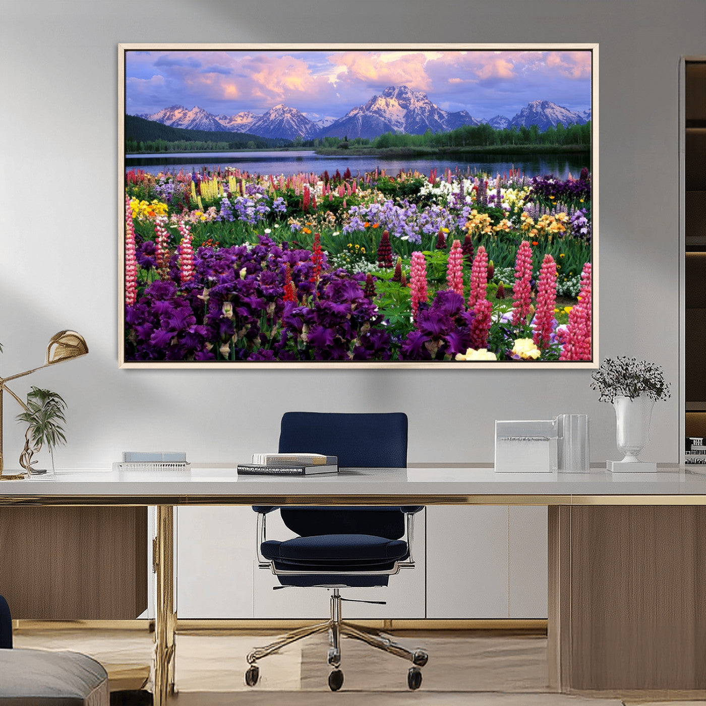 82270-MGV-CV-36X24-Colorful Wildflower Meadow Landscape Wall Art – Snow-Capped Mountain Lake Sunset Print, Vibrant Nature Artwork for Living Room,