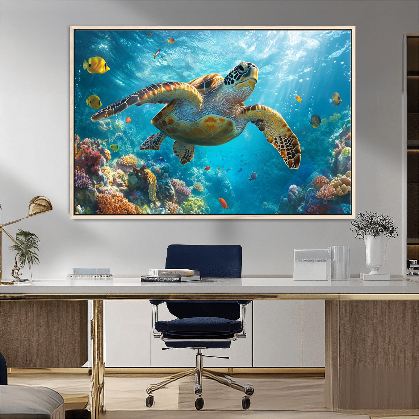 37623-MGV-FC-36X24_Natural-Sea Turtle Wall Art – Underwater Ocean Canvas Print with Coral Reef and Tropical Fish, Marine Life Painting Poster for Living