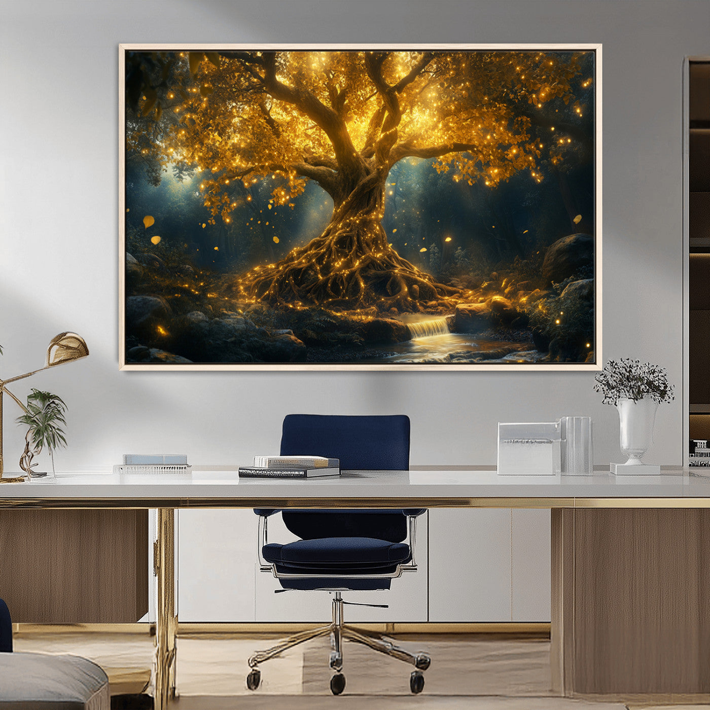 92739-MGV-FC-36X24_Natural-Glowing Tree Wall Art – Enchanted Golden Forest Canvas Print, Mystical Illuminated Nature Painting Poster for Living Room,