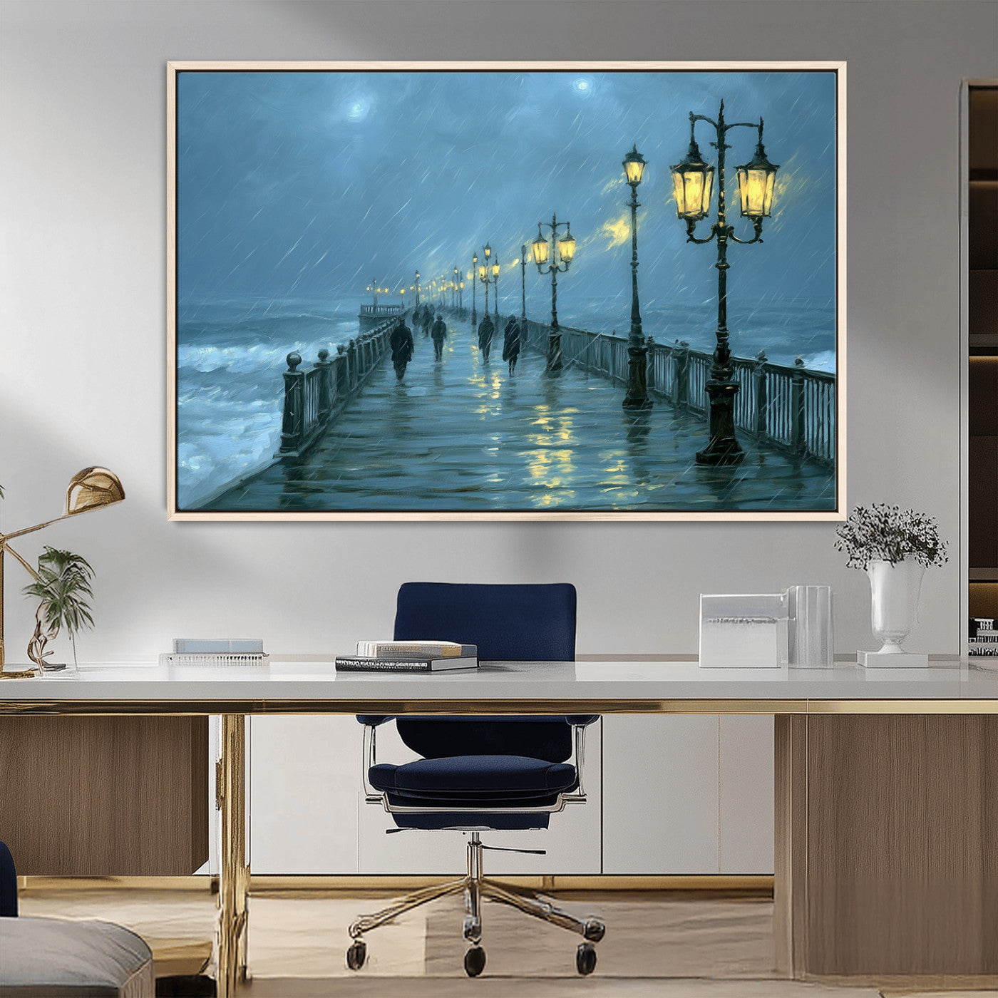 79606-MGV-CV-36X24-Rainy Pier Night Wall Art – Ocean Waves and Street Lamps Canvas Print, Moody Seascape Oil Painting Poster for Living Room,