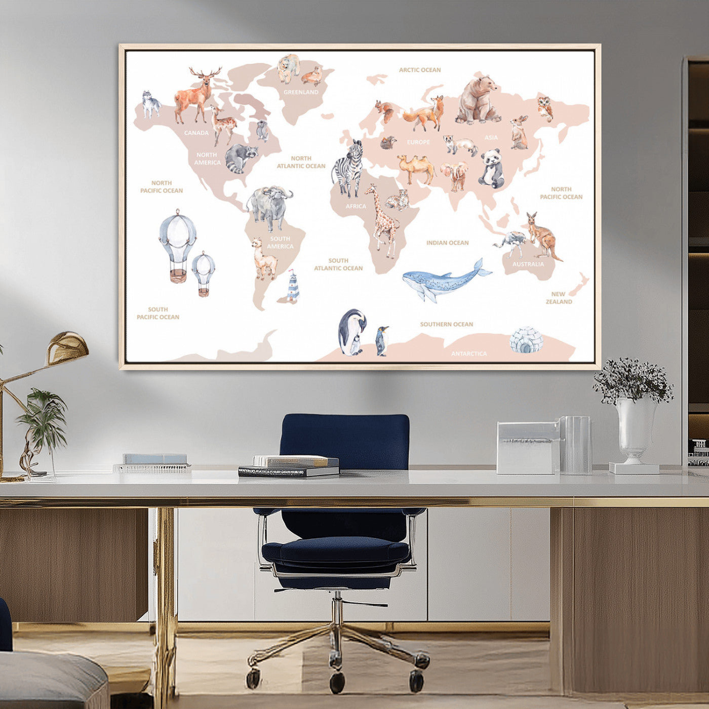 30495-MGV-CV-36X24-Animal World Map Wall Art – Watercolor Animal Canvas Print, Educational Global Map Poster for Kids Room, Nursery, Playroom,
