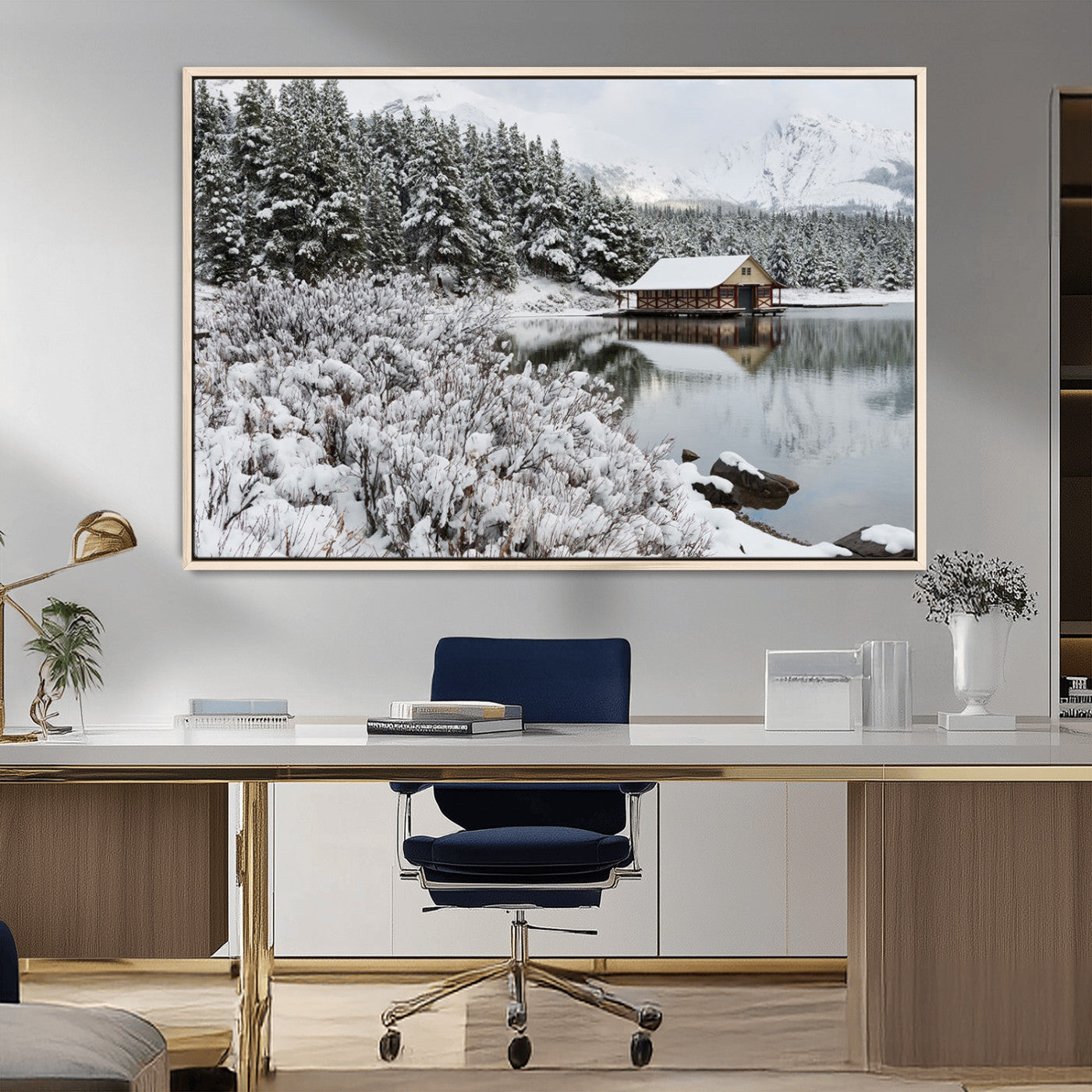 29975-MGV-CV-36X24-Winter Cabin by the Lake Wall Art – Snowy Mountain Landscape Canvas Print, Rustic Lodge Cabin Decor for Cozy Living Room, Bedroom