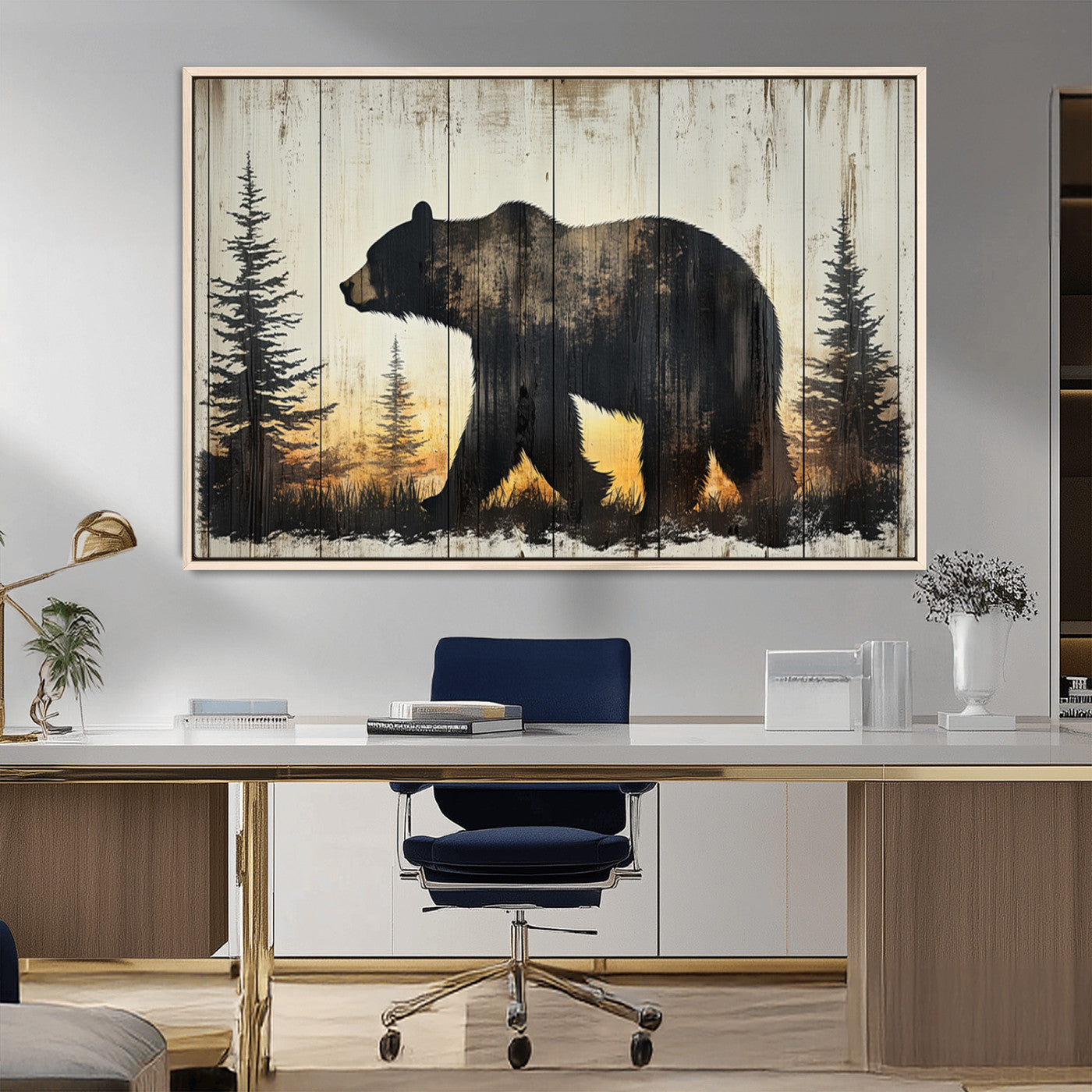 83875-MGV-CV-36X24-Sunset Bear Wall Art – Rustic Wildlife Canvas Print with Forest Silhouette, Cabin Lodge Decor for Living Room or Office