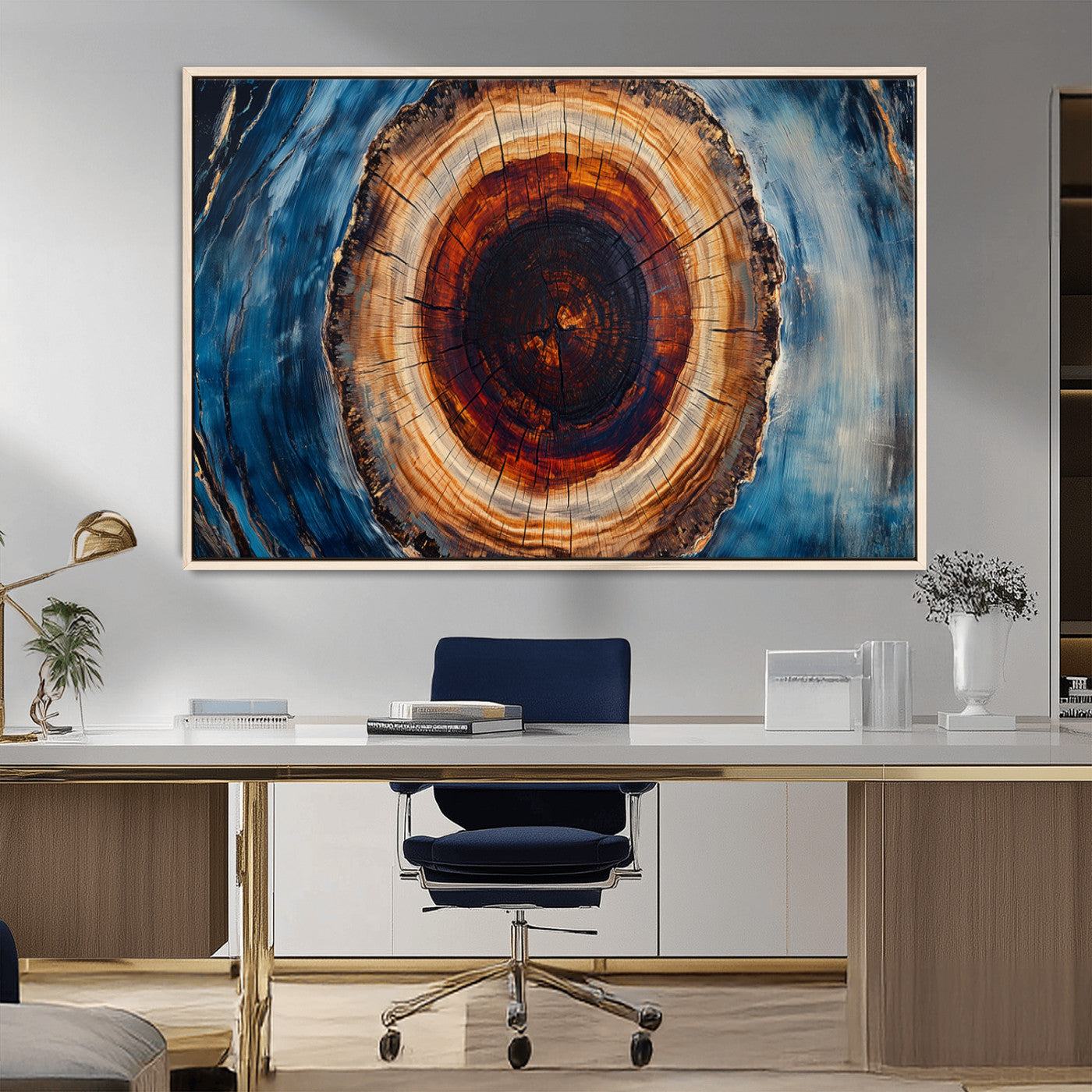 30457-MGV-FC-36X24_Natural-Tree Ring Abstract Wall Art – Blue and Brown Wood Grain Canvas Print, Modern Nature Inspired Painting for Rustic Living Room,