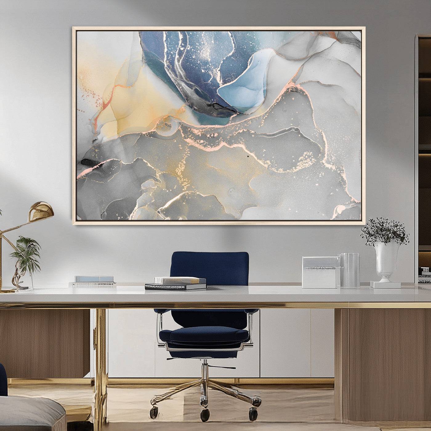 18176-MGV-FC-36X24_Natural-Abstract Fluid Wall Art – Modern Marble Ink Canvas Print with Blue, Gold, and Gray Tones, Contemporary Minimal Artwork Decor for