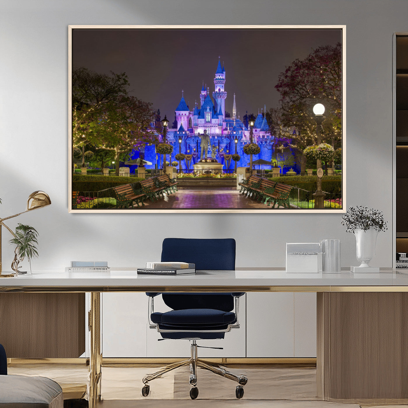 63560-MGV-CV-36X24-Fairy Tale Castle Wall Art – Magical Night Scene Canvas Print with Lights and Gardens, Fantasy Architecture Artwork for Living