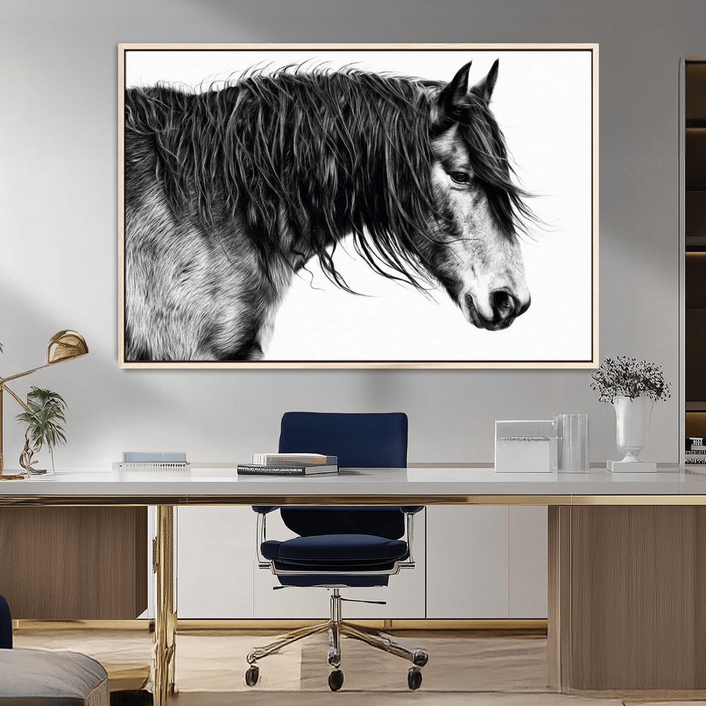 57694-MGV-FC-36X24_Natural-Horse Portrait Wall Art – Black and White Canvas Print with Detailed Stallion Profile, Rustic Farmhouse Equestrian Artwork for