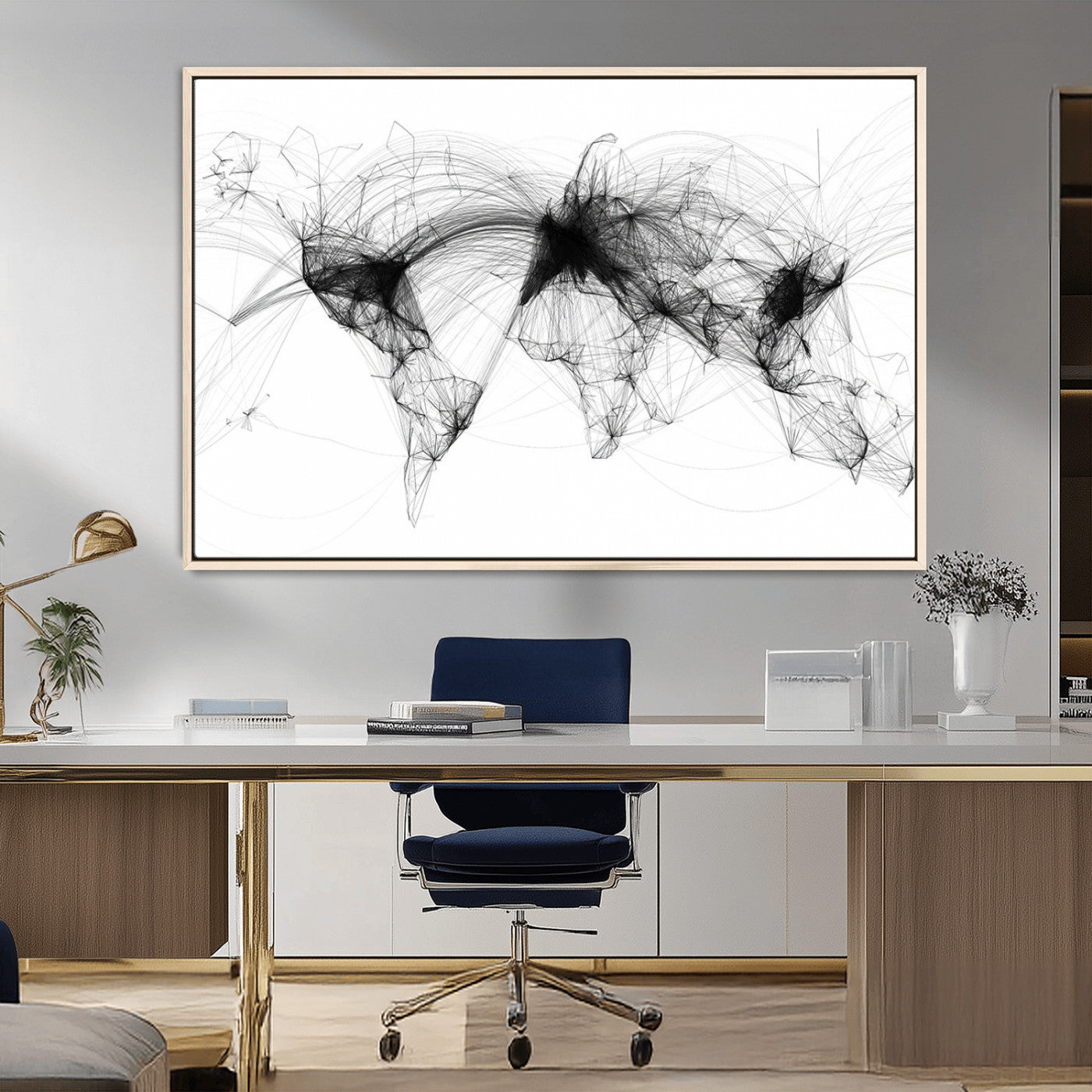 50136-MGV-FC-36X24_Natural-Abstract World Map Wall Art – Black Line Network Canvas Print, Modern Minimalist Global Connections Artwork for Office, Study, or