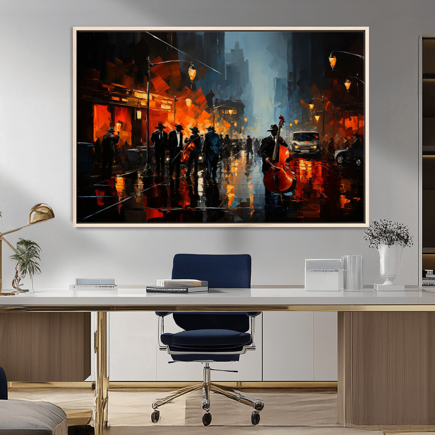 32816-MGV-CV-36X24-City Jazz Night Wall Art – Modern Abstract Urban Street Scene Canvas Print, Moody Music-Themed Decor for Living Room, Office, or