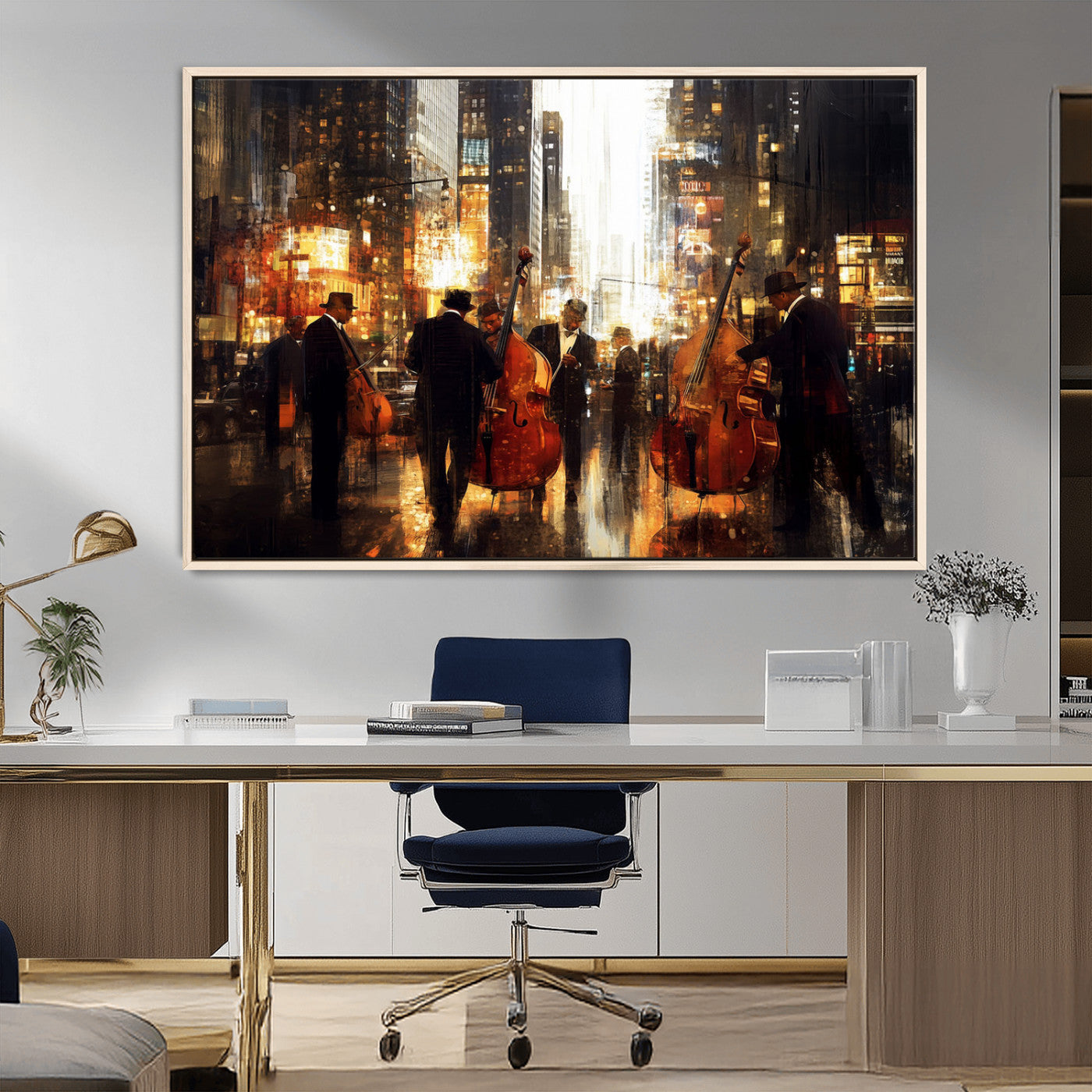 58782-MGV-CV-36X24-Jazz Musicians Cityscape Wall Art – Vibrant Urban Night Canvas Print, Elegant Music Themed Decor for Living Room, Office, or Music