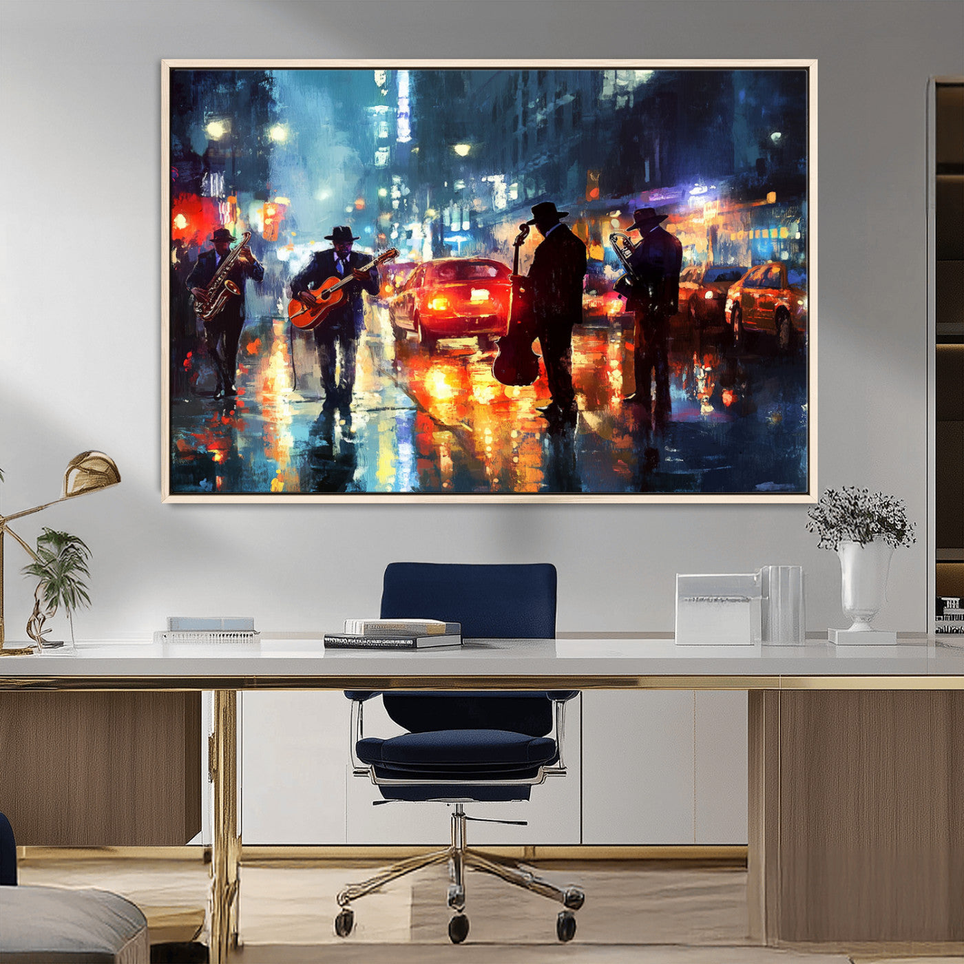 94605-MGV-FC-36X24_Natural-City Jazz Night Wall Art – Vibrant Music Canvas Print Featuring Saxophone, Guitar and Bass Players, Urban Street Scene Artwork for
