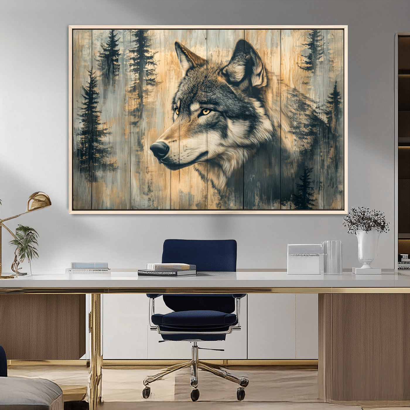 51892-MGV-CV-36X24-Wolf Wall Art – Rustic Canvas Print of Wolf with Forest Trees on Wood Texture, Wildlife Lodge Artwork for Living Room, Bedroom,