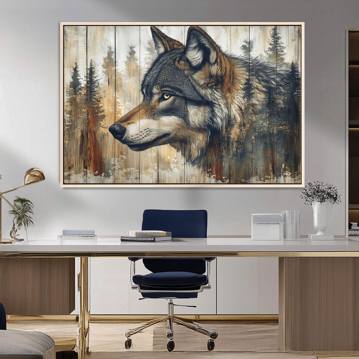 91882-MGV-CV-36X24-Wolf Wall Art – Rustic Canvas Print of Forest Wolf on Wood Background, Wildlife Lodge Artwork for Living Room, Bedroom, Cabin, or