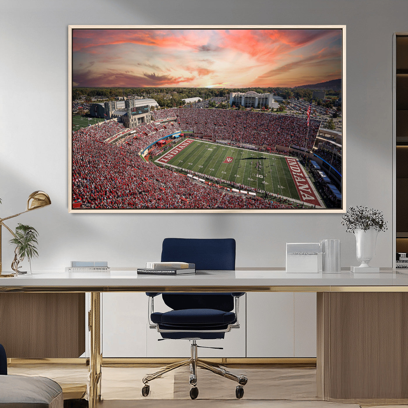 51135-MGV-FC-36X24_Natural-Indiana Hoosiers Stadium Wall Art – Panoramic Football Canvas Print with Game Day Crowd and Sunset Sky, Sports Artwork for Man