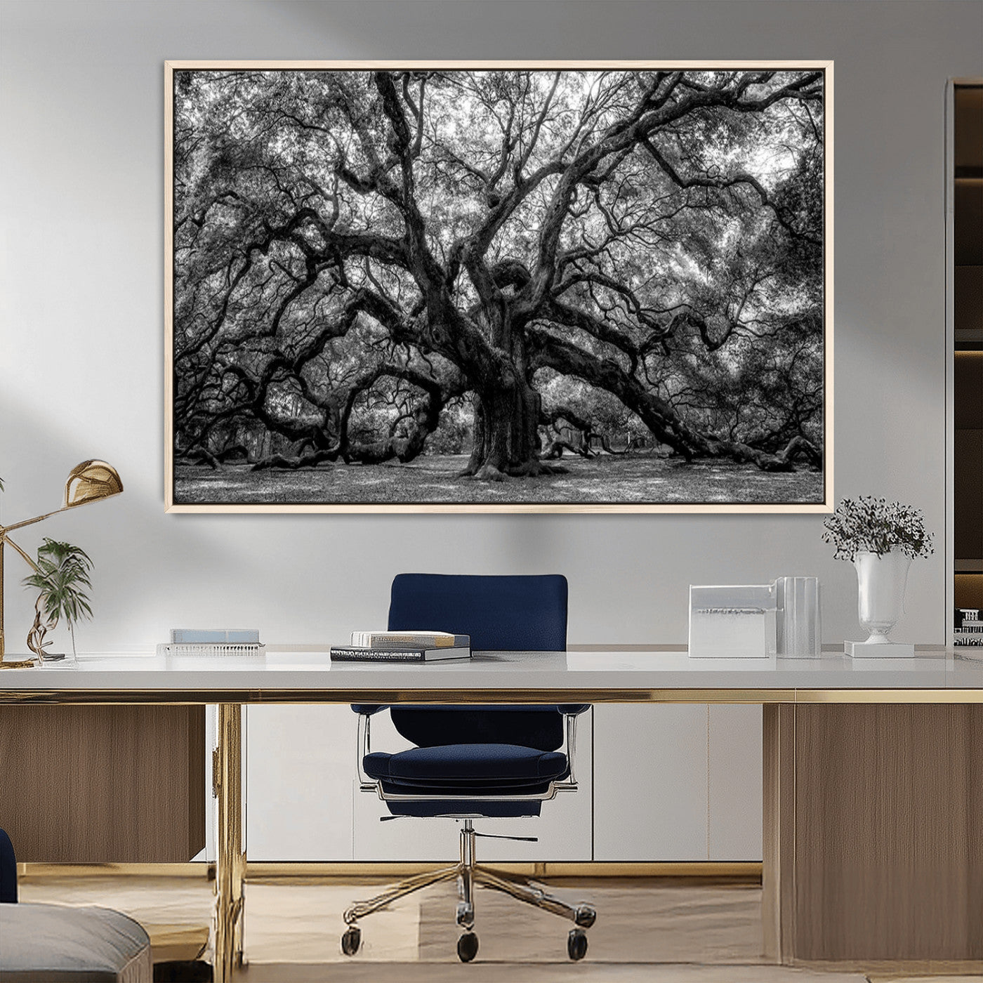 132944706-MGV-FC-36X24_Natural-Ancient Tree Wall Art – Black and White Photography Canvas Print Featuring Majestic Twisting Branches, Rustic Nature Artwork for