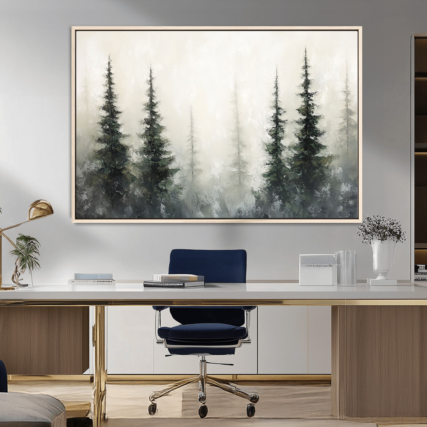 33241-MGV-FC-36X24_Natural-Misty Forest Wall Art Canvas Print, Framed Foggy Pines Art Picture Print, Forest Haze Perfect Rustic Minimalist Decor Artwork