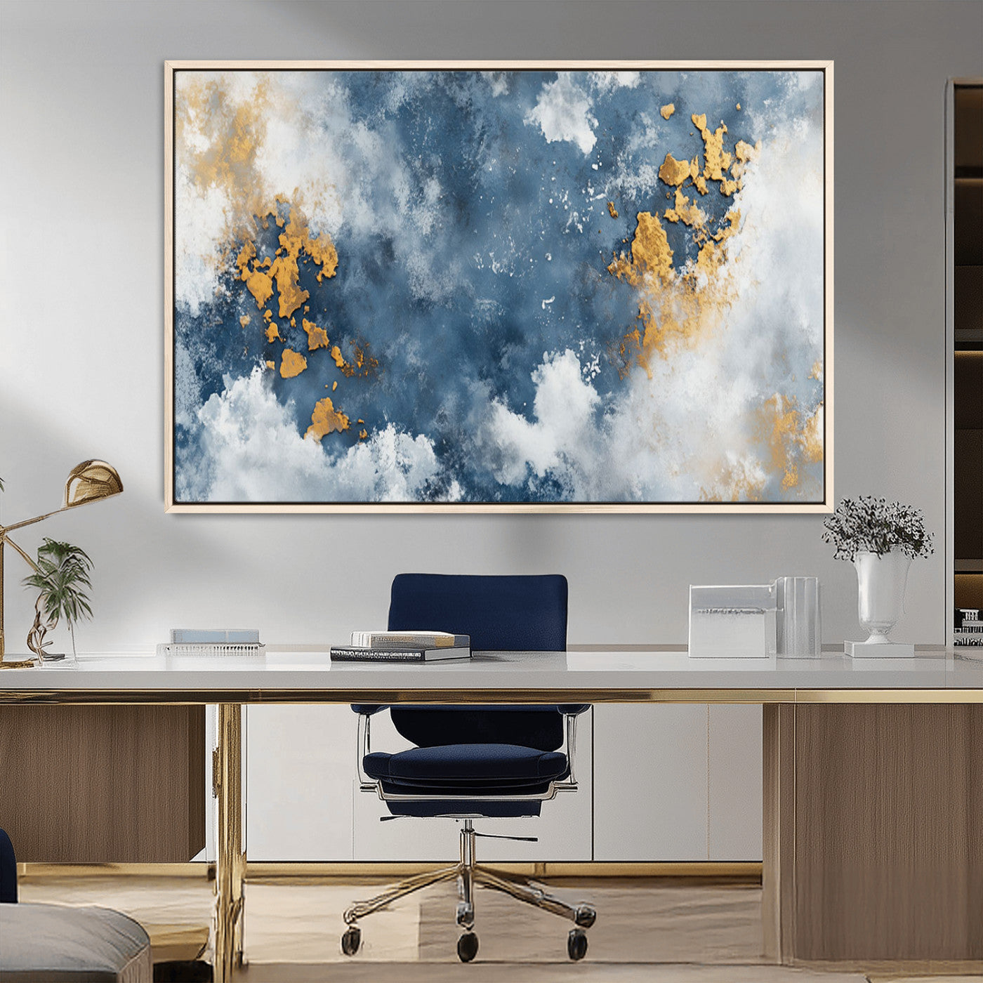 39575-MGV-FC-36X24_Natural-Blue and Gold Abstract Wall Art – Modern Canvas Print Featuring Cloudy Textures with Metallic Accents, Contemporary Artwork for