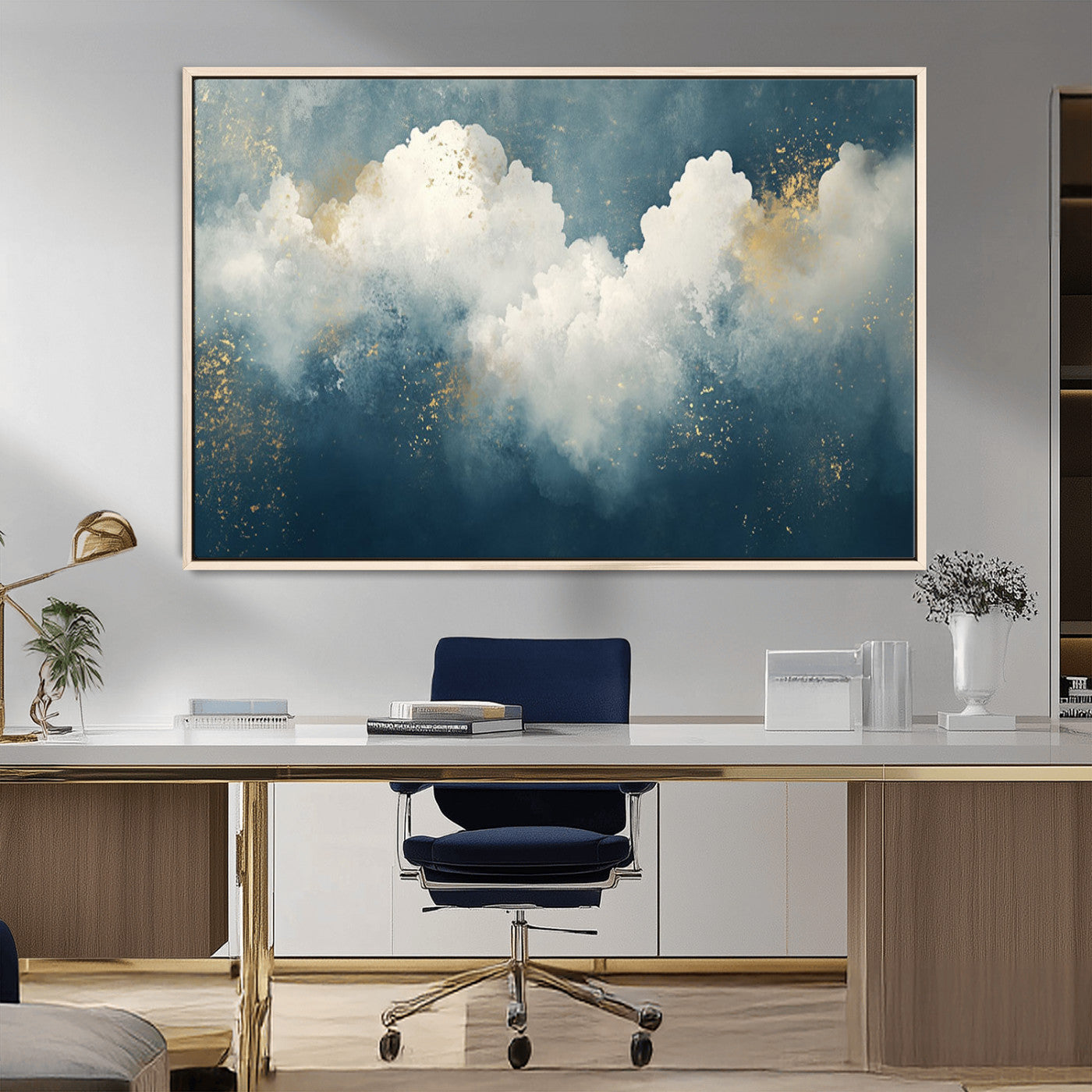 75131-MGV-FC-36X24_Natural-Abstract Cloud Wall Art – Modern Canvas Print Featuring Blue and White Clouds with Golden Accents, Contemporary Artwork for Living