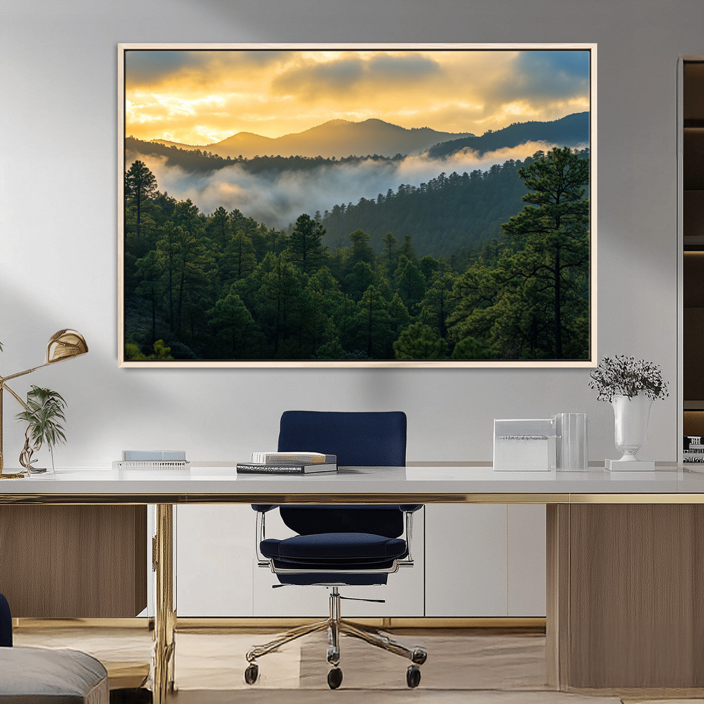 68082278-MGV-FC-36X24_Natural-Mountain Sunrise Wall Art Canvas Print, Framed Pine Forest Art Picture Print, Misty Mountains Perfect Earthy Woodland Decor