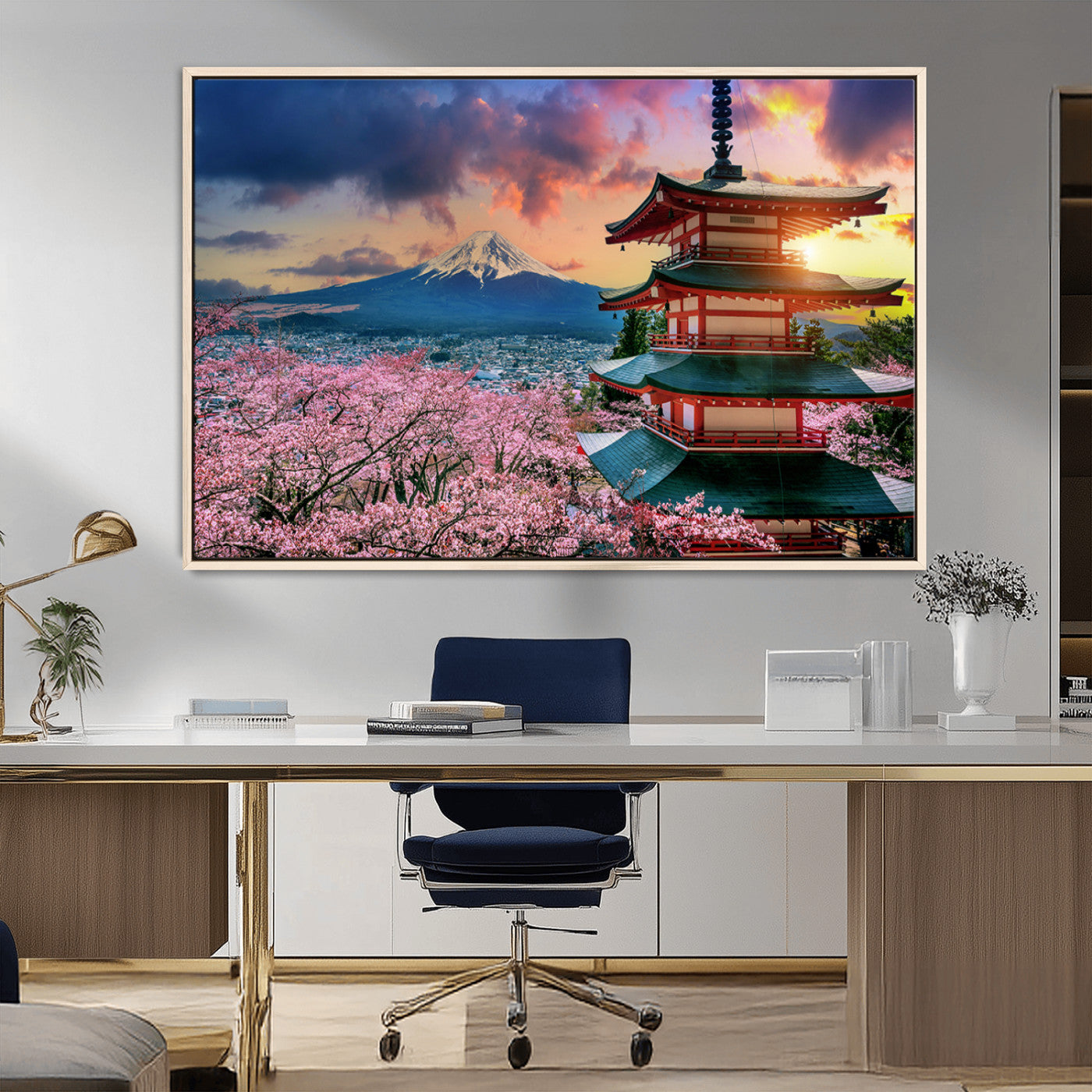 32331262-MGV-FC-36X24_Natural-Mount Fuji Japan Wall Art – Cherry Blossom Landscape Canvas Print, Chureito Pagoda Sunset Photography, Japanese Nature Travel