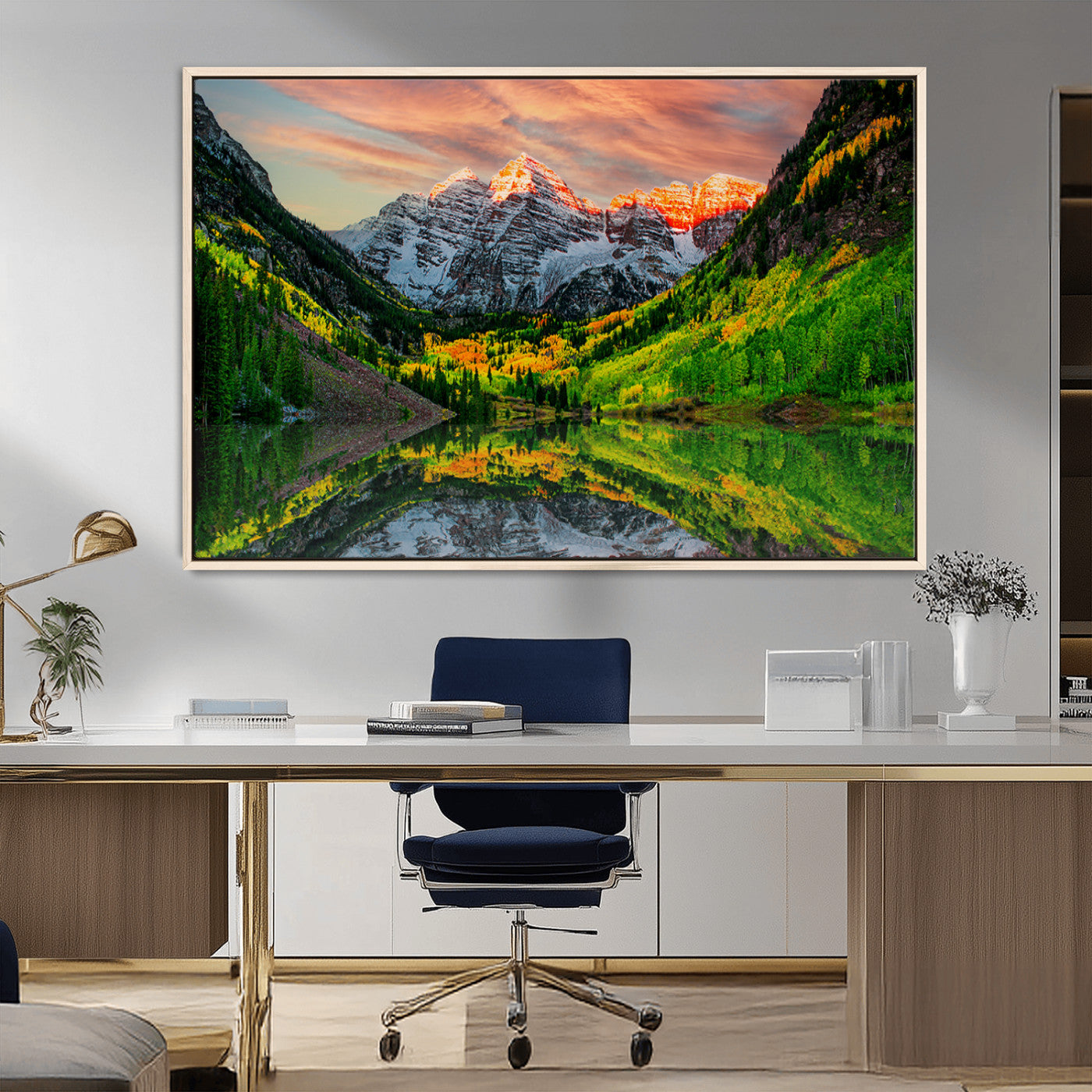 59533484-MGV-CV-36X24-Maroon Bells Autumn Wall Art – Panoramic Mountain Landscape Canvas Print, Sunset Reflection Nature Artwork for Living Room, Office