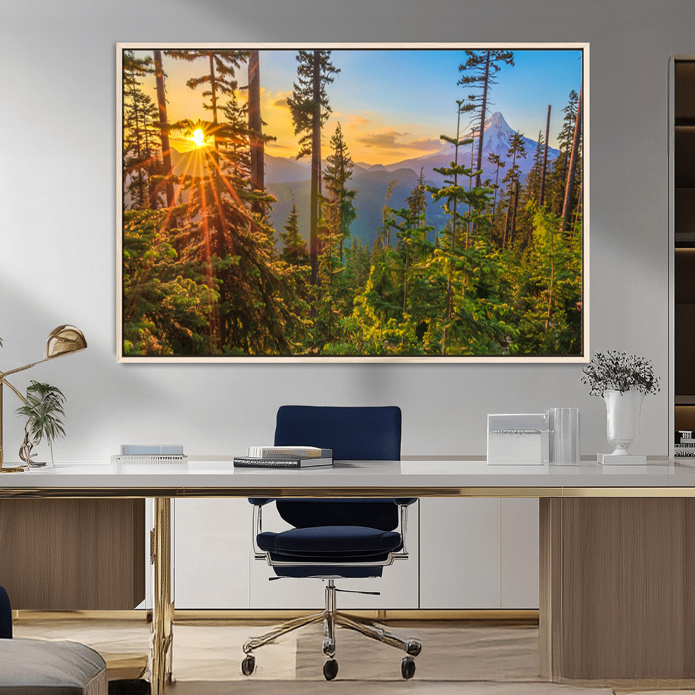 83544043-MGV-FC-36X24_Natural-Forest Sunset Wall Art Canvas Print, Framed Sunset Trees Art Picture Print, Green Pines Perfect Rustic Nature Decor Artwork