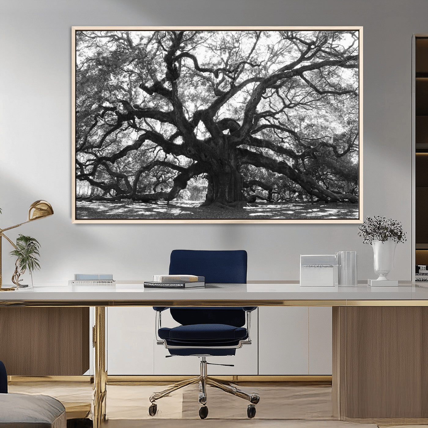 81655611-MGV-CV-36X24-Ancient Oak Wall Art Canvas Print, Framed Twisted Branches Art Picture Print, Gnarled Tree Perfect Moody Nature Decor Artwork