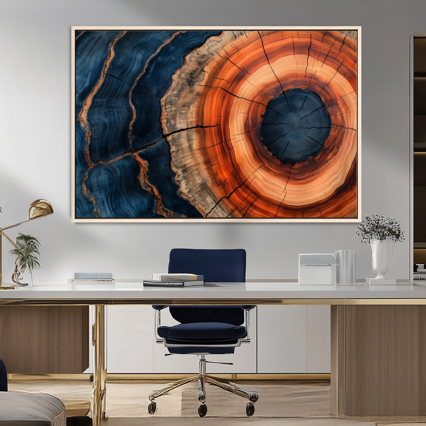41123192-MGV-FC-36X24_Natural-Tree Ring Canvas Wall Art – Abstract Blue Orange Wood Grain Print, Rustic Modern Nature Artwork for Living Room, Bedroom, Office