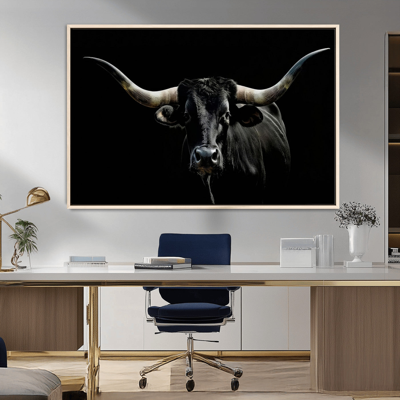 37531960-MGV-CV-36X24-Black Longhorn Bull Wall Art – Dramatic Western Cattle Canvas Print, Rustic Farmhouse Animal Artwork for Living Room, Bedroom,