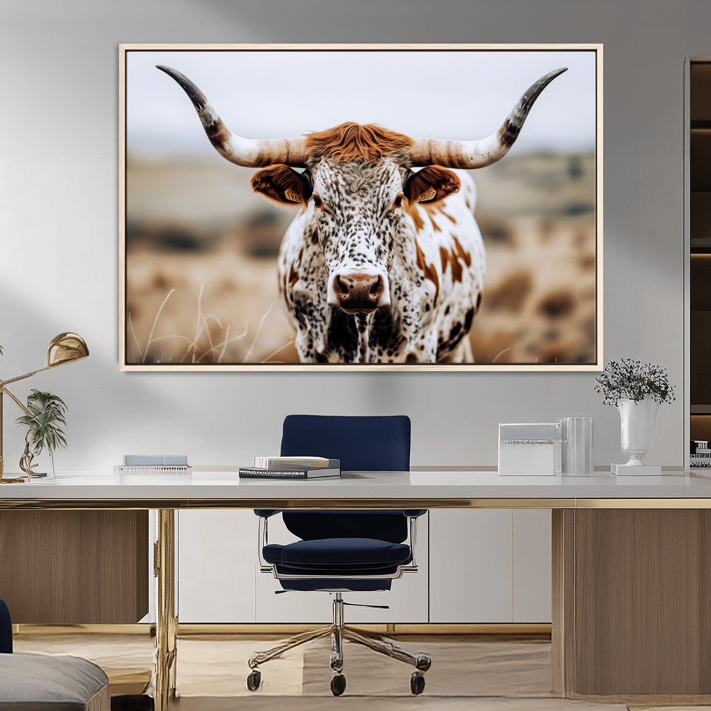 76294381-MGV-FC-36X24_Natural-Texas Longhorn Wall Art Canvas Print, Framed Spotted Cow Art Picture Print, Horned Cattle Perfect Rustic Western Decor Artwork