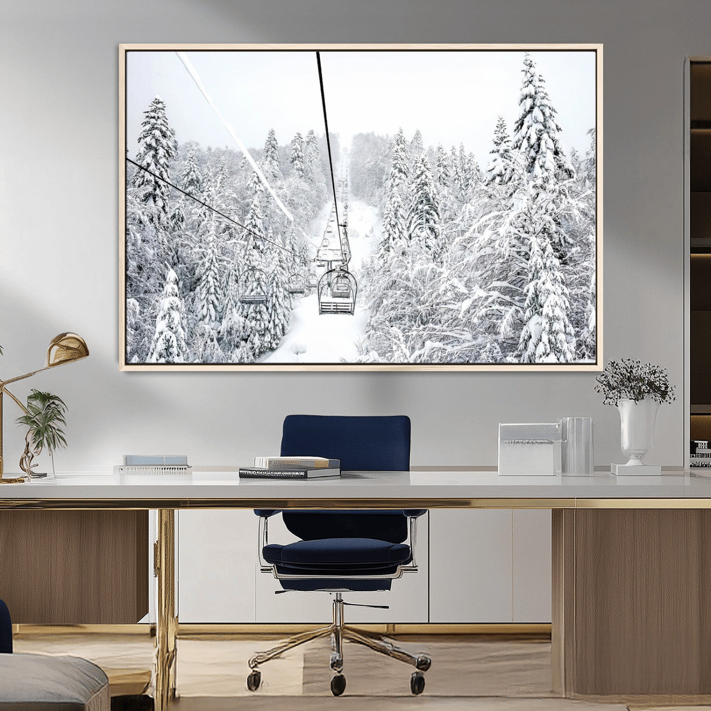60296839-MGV-FC-36X24_Natural-Snowy Mountains Wall Art Canvas Print, Framed Ski Lift Art Picture Print, Winter Forest Perfect Winter Minimalist Decor Artwork