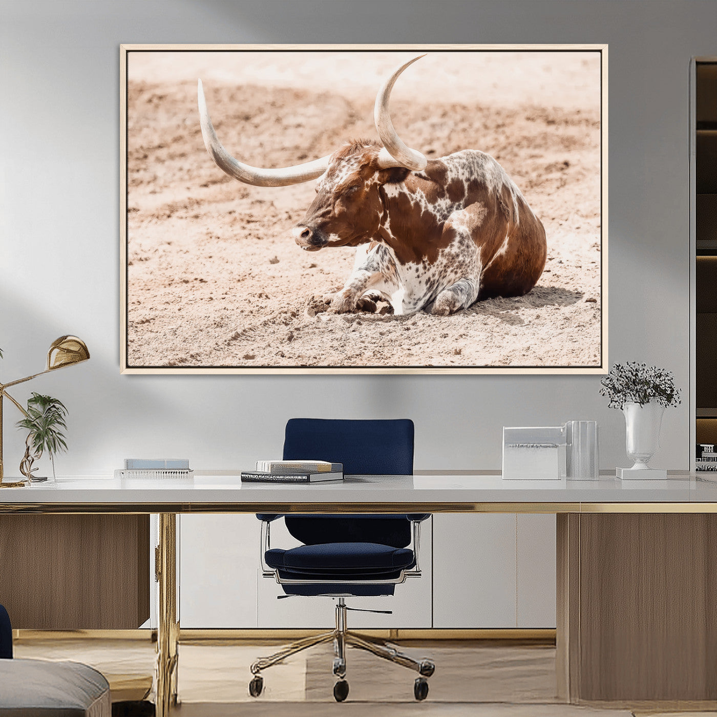 91248682-MGV-FC-36X24_Natural-Texas Longhorn Wall Art Canvas Print, Framed Resting Bull Art Picture Print, Spotted Cattle Perfect Rustic Western Decor Artwork