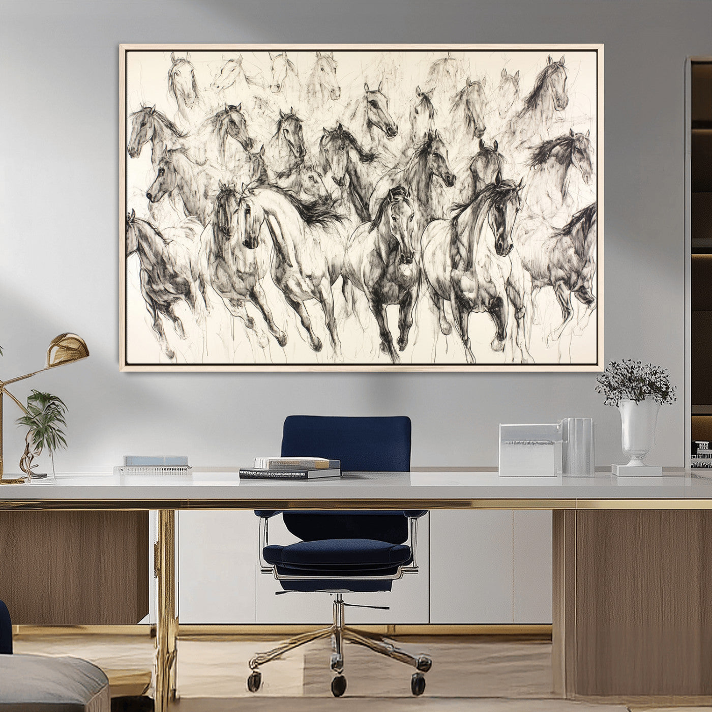 19433417-MGV-CV-36X24-Running Horses Wall Art Canvas Print, Framed Horse Sketch Art Picture Print, Galloping Herd Perfect Monochrome Western Decor