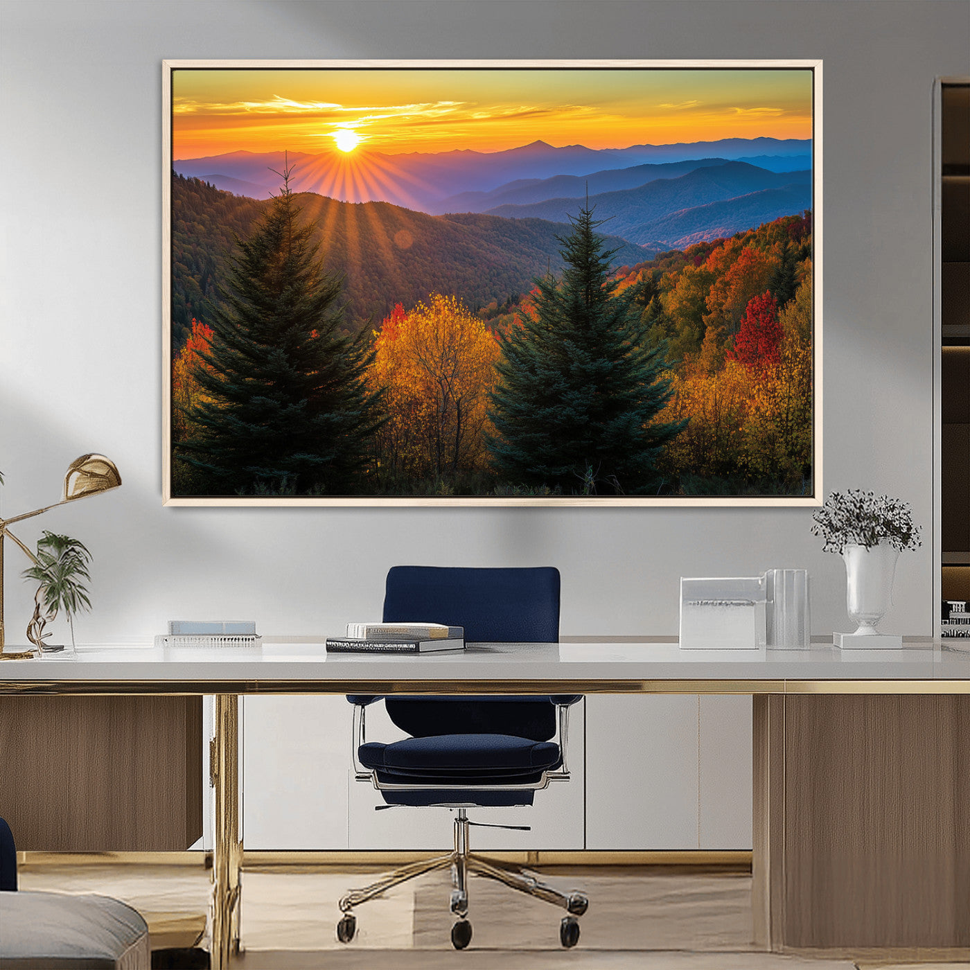 36964931-MGV-CV-36X24-Autumn Mountains Wall Art Canvas Print, Framed Sunset Glow Forest Art Picture Print, Golden Trees Perfect Vibrant Nature Decor