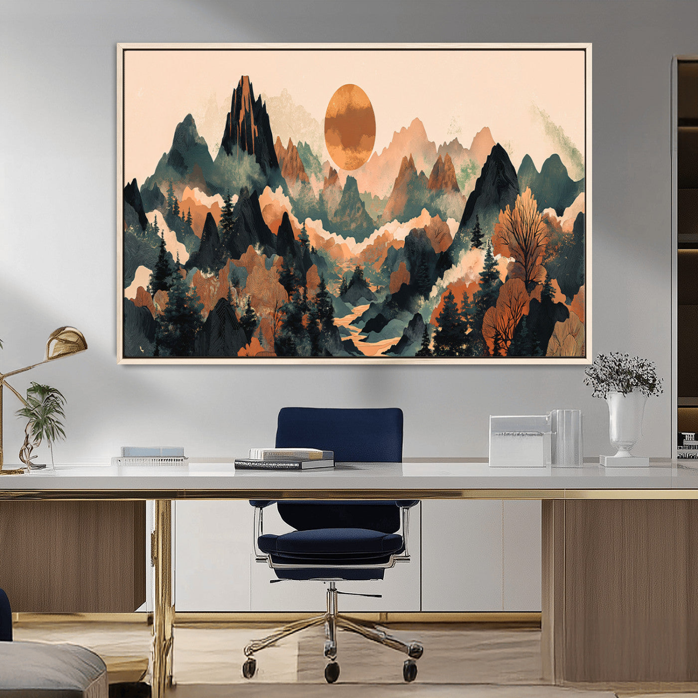 13012770-MGV-FC-36X24_Natural-Mountain Landscape Wall Art – Modern Nature Canvas Print with Sun, Misty Peaks, and Forest in Orange and Green Tones for Living