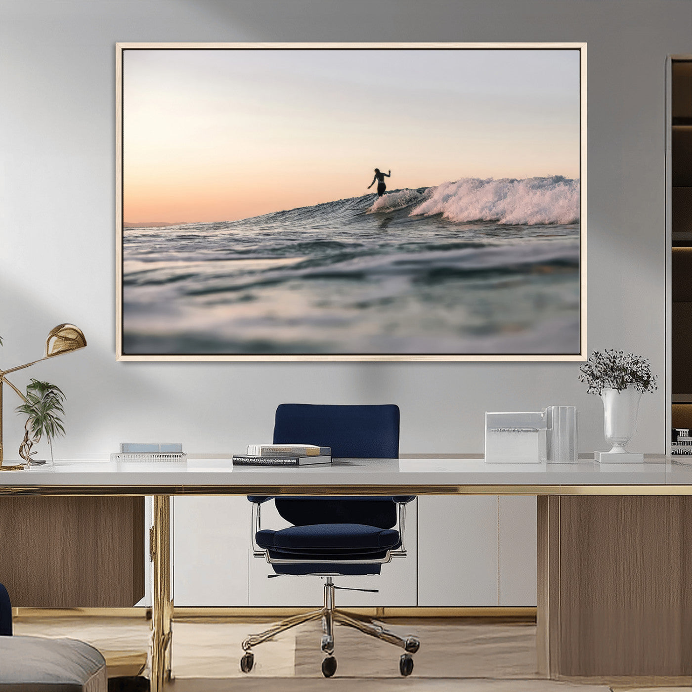 58502923-MGV-FC-36X24_Natural-Wave Rider Wall Art Canvas Print, Framed Ocean Wave Art Picture Print, Riding Surf Perfect Sunset Surf Decor Artwork