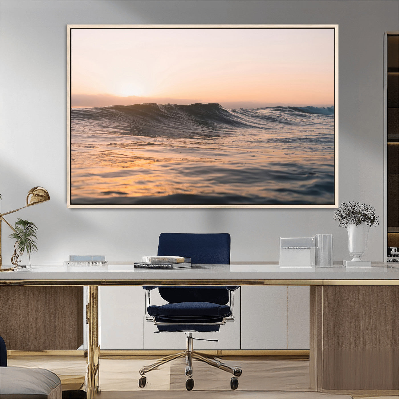 46299358-MGV-CV-36X24-Sunset Waves Wall Art Canvas Print, Framed Ocean Horizon Art Picture Print, Golden Water Perfect Golden Hour Coastal Decor Artwork