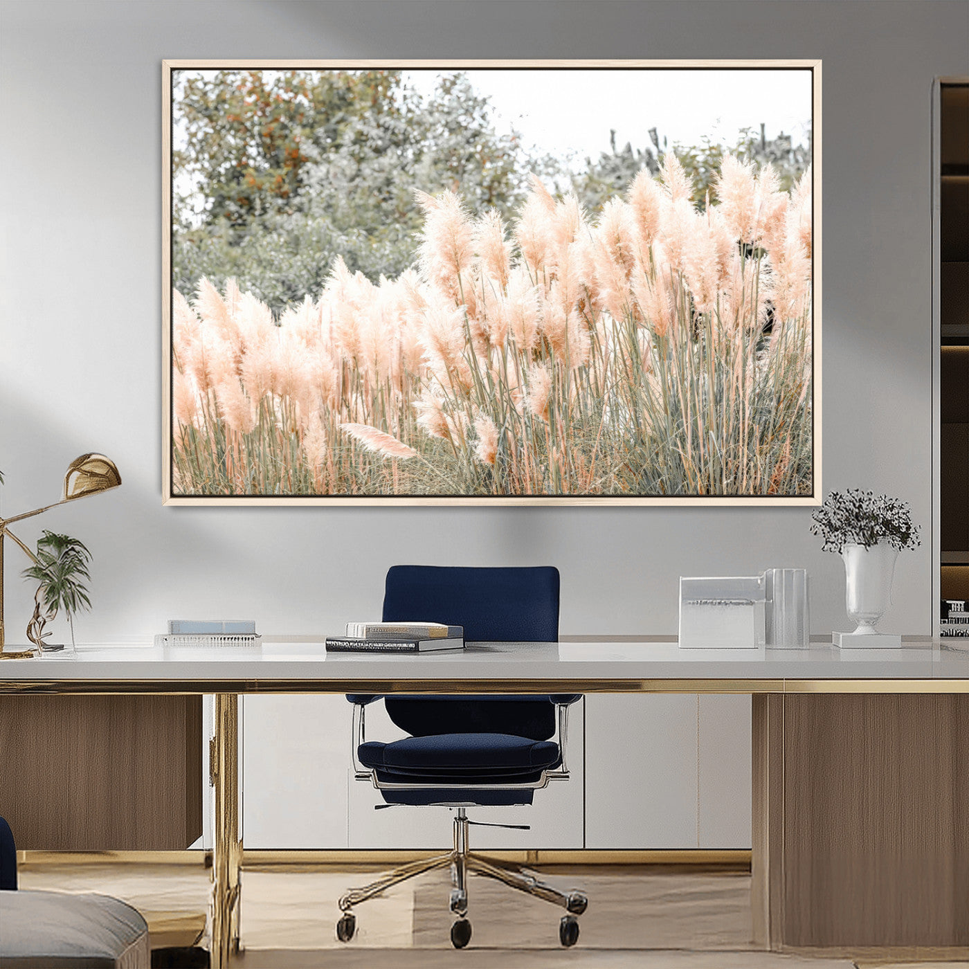 21826392-MGV-FC-36X24_Natural-Pampas Grass Wall Art Canvas Print, Framed Soft Pampas Art Picture Print, Pastel Grasses Perfect Soft Neutral Boho Decor Artwork