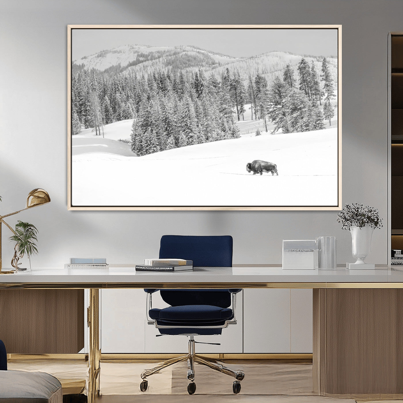 68081143-MGV-CV-36X24-Snowy Bison Wall Art Canvas Print, Framed Winter Forest Art Picture Print, Lone Bison Perfect Monochrome Winter Wild Decor Artwork